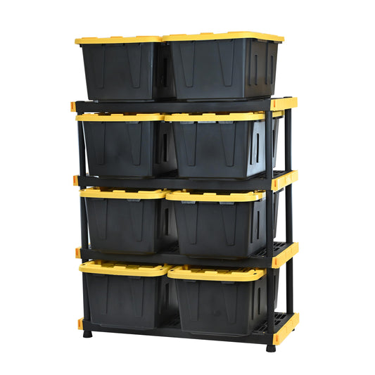 CX Black & Yellow 4-Tier Heavy Duty Storage Shelves and 8 Heavy Duty Storage Bins with Lids