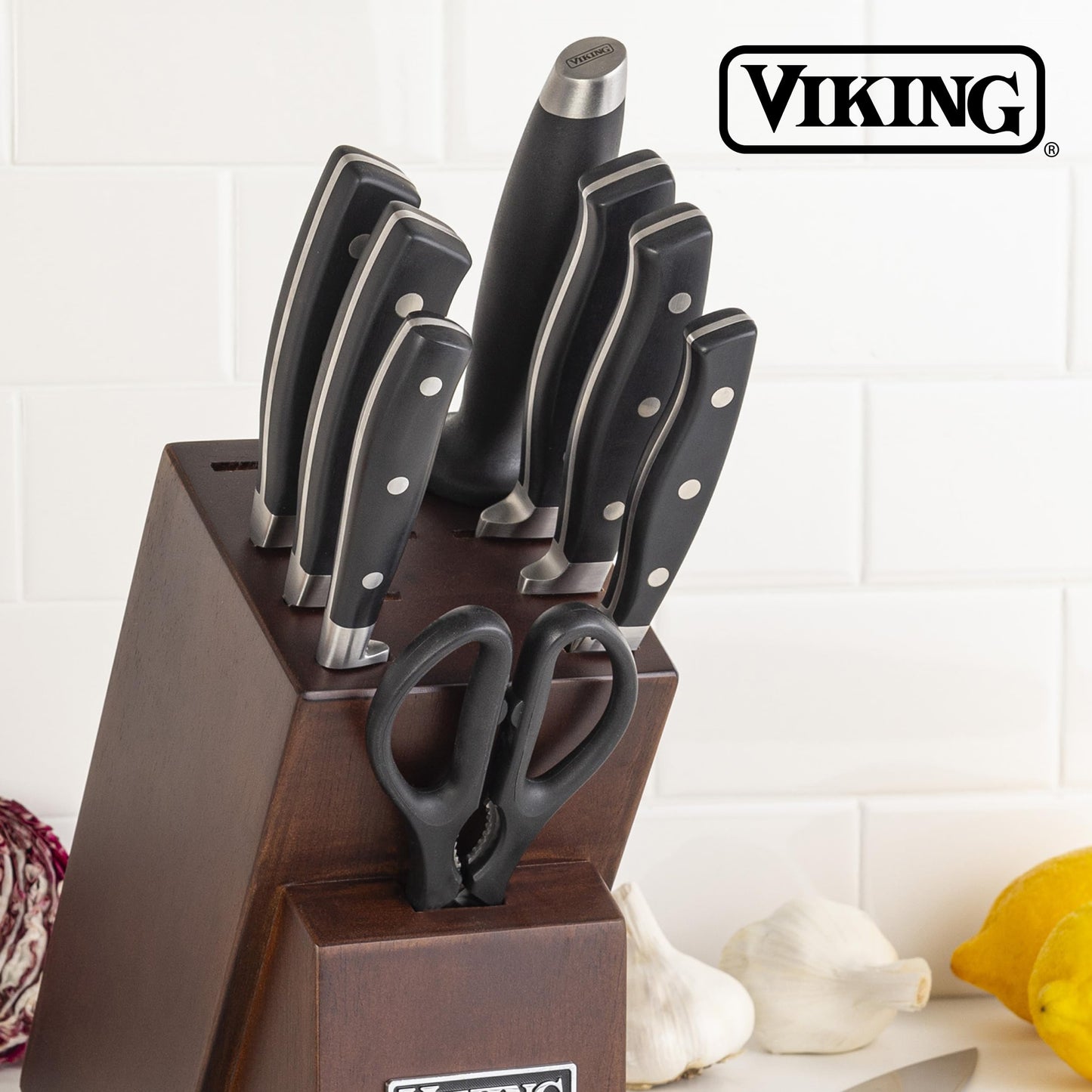 Viking 17 Piece Kitchen Knife Set with Light Walnut Block