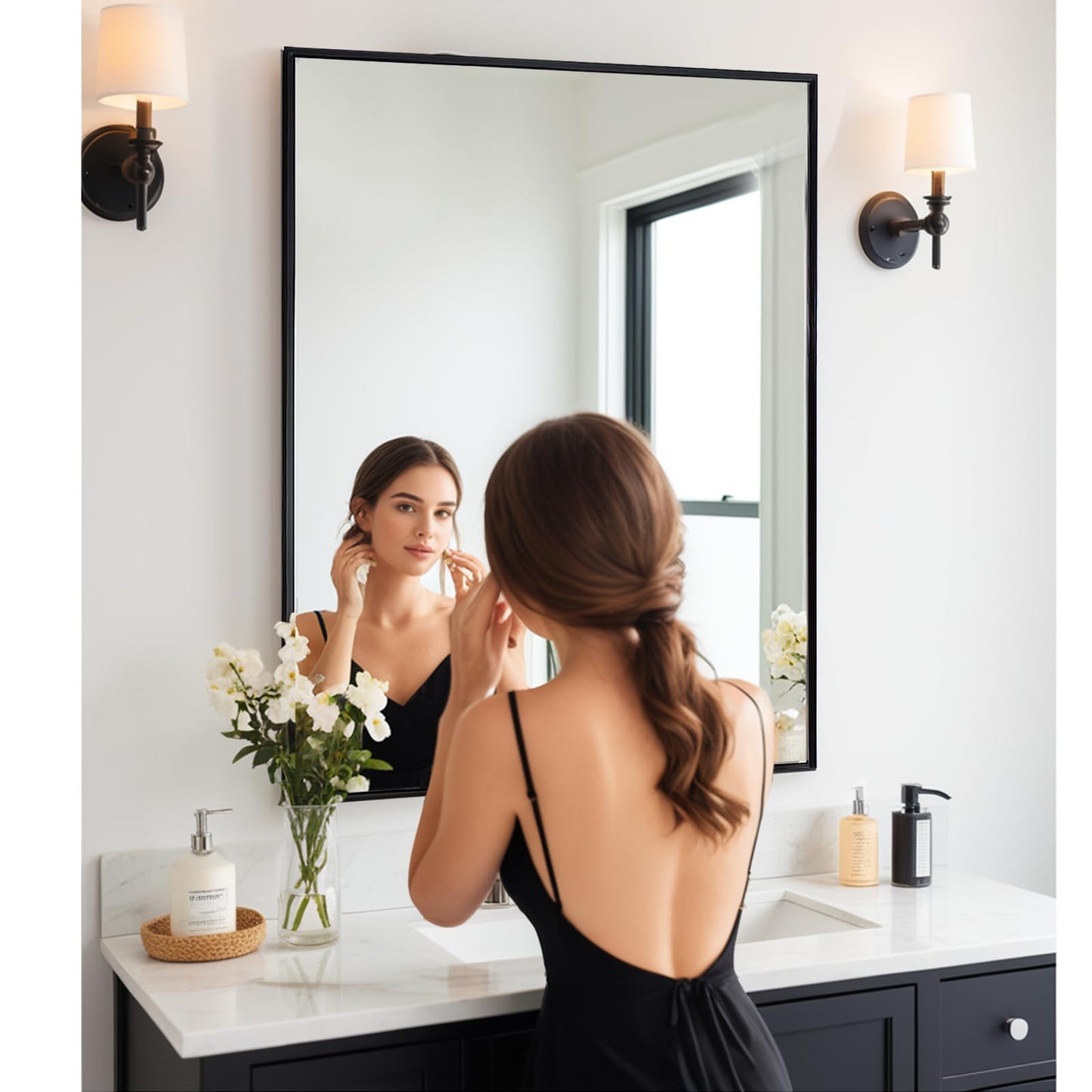 KIMREAL Modern 26"L x 40"W Black Wall Mounted Mirror | Rectangular