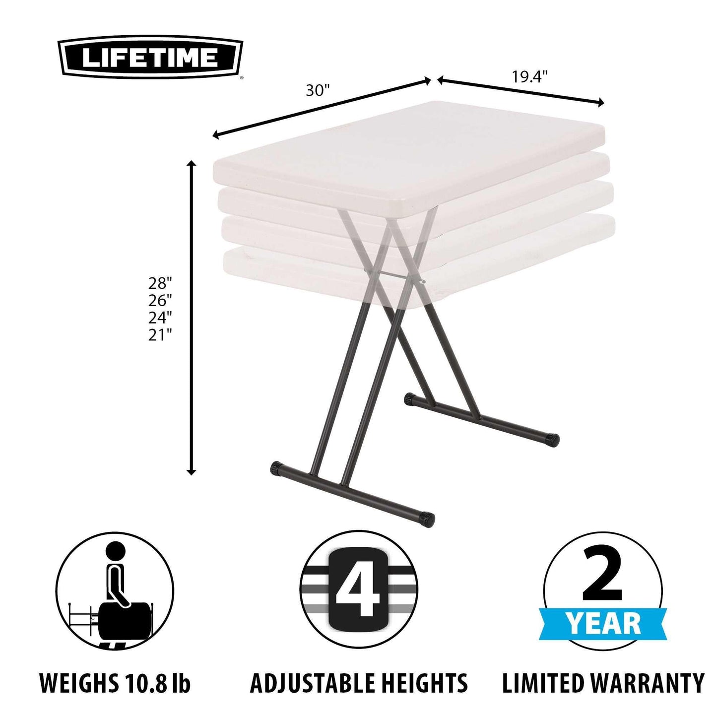 LIFETIME 80251 Adjustable Folding Laptop Table TV Tray, 26 Inch, White Granite