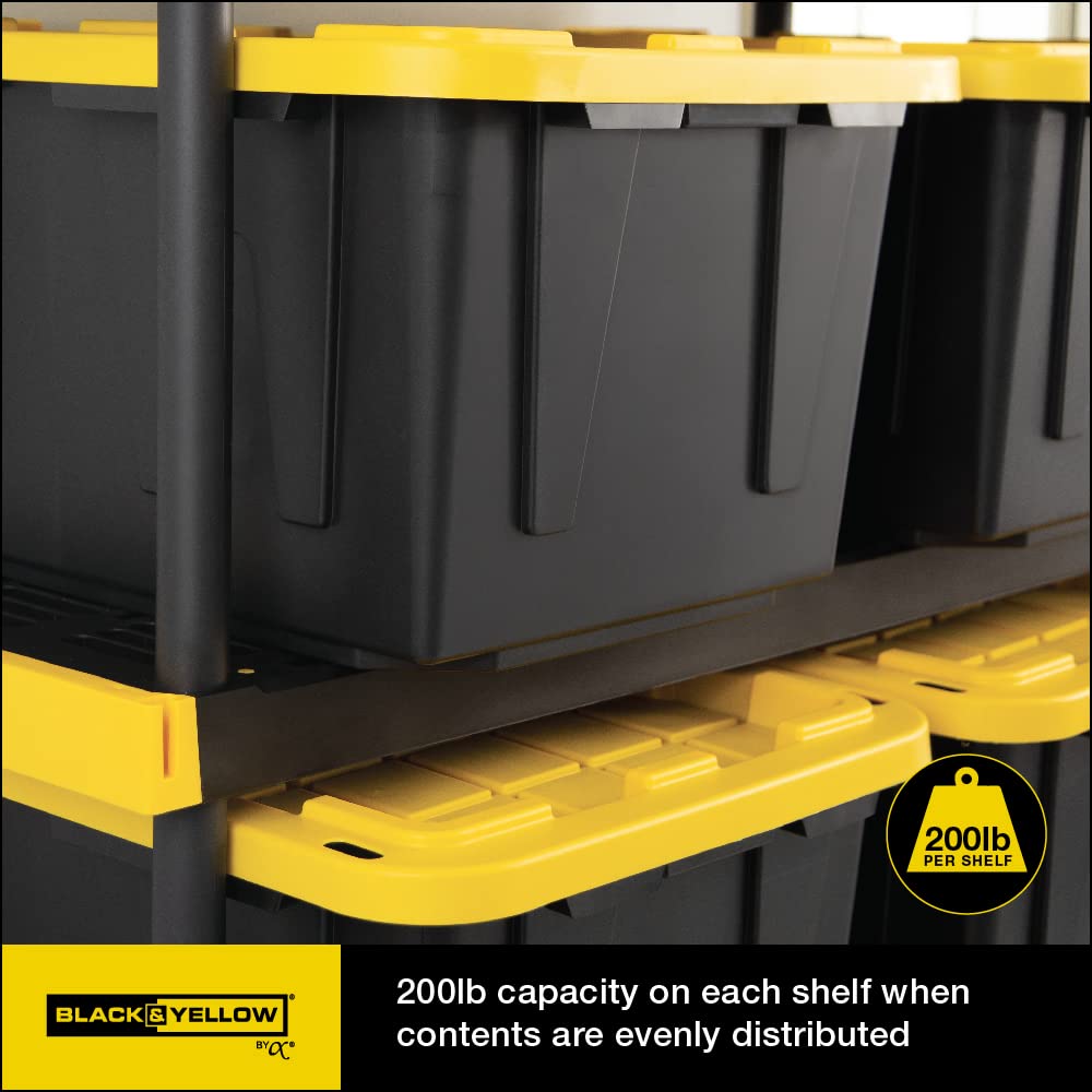 CX Black & Yellow 4-Tier Heavy Duty Storage Shelves and 8 Heavy Duty Storage Bins with Lids