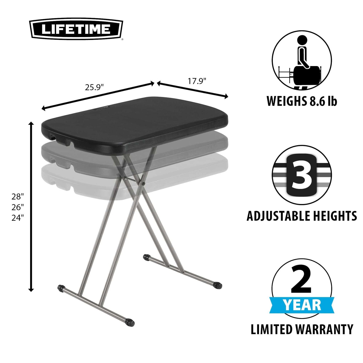 LIFETIME 80251 Adjustable Folding Laptop Table TV Tray, 26 Inch, White Granite