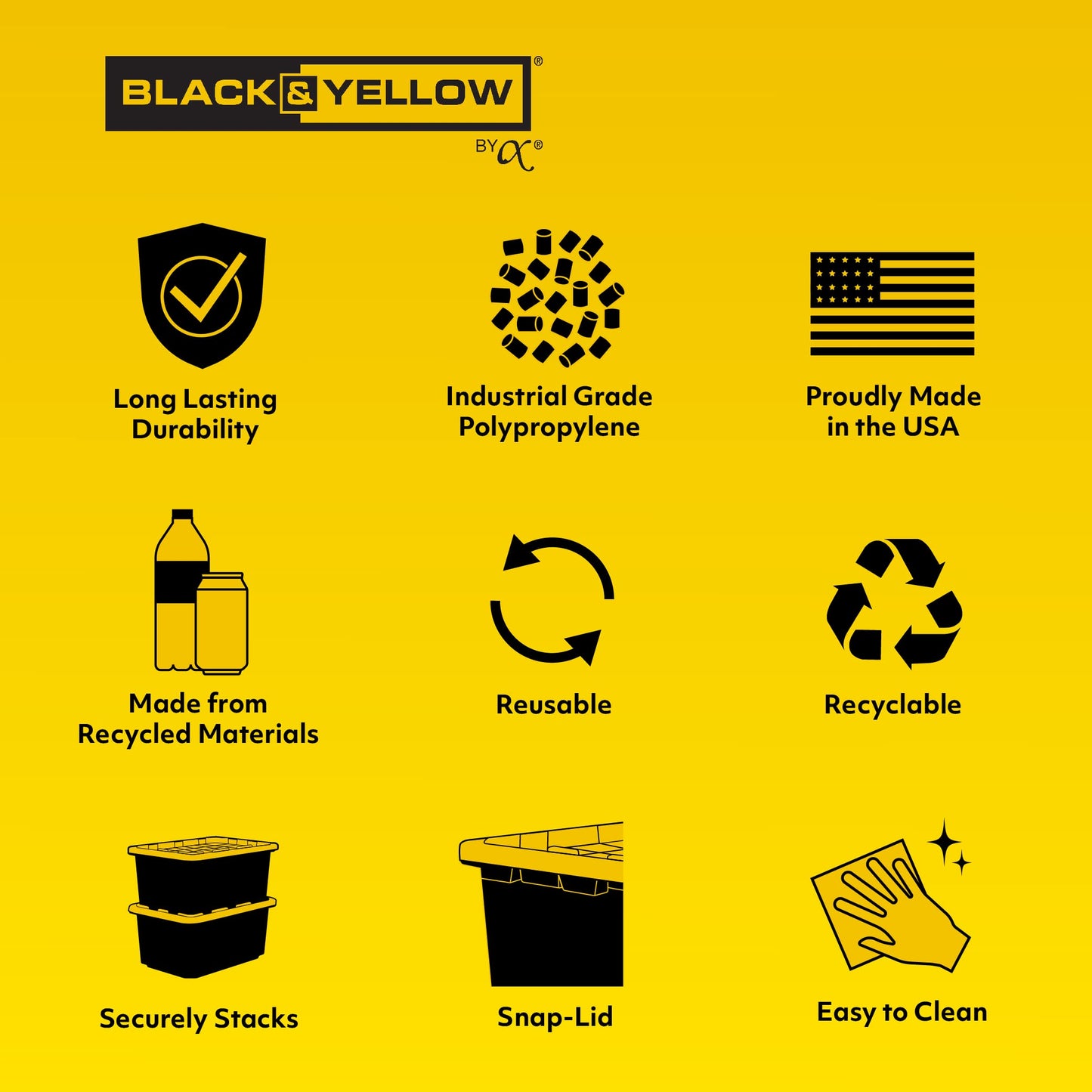 CX BLACK & YELLOW 12-Gallon Heavy Duty Storage Bins with Lids Stackable Plastic 4 PacK