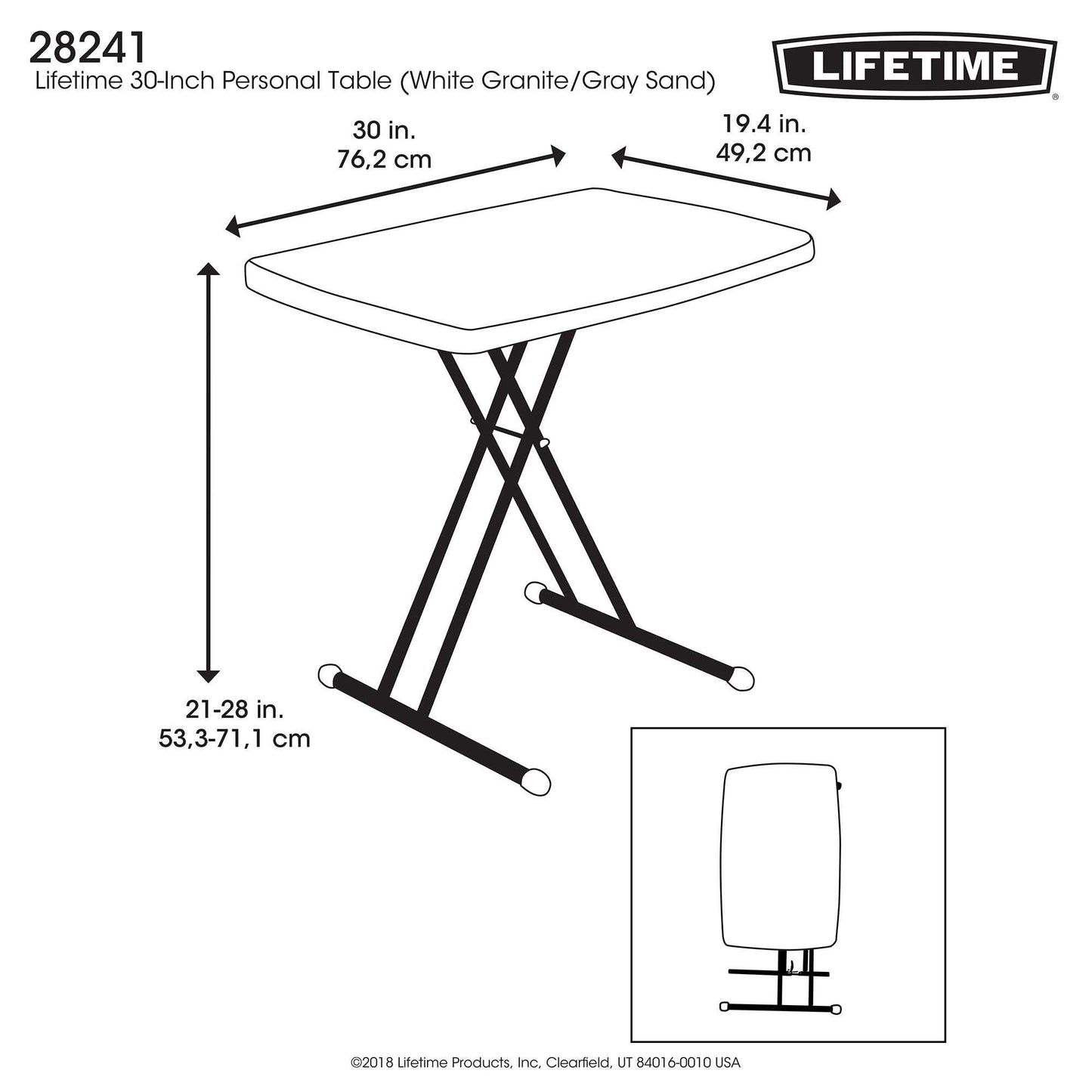 LIFETIME 80251 Adjustable Folding Laptop Table TV Tray, 26 Inch, White Granite