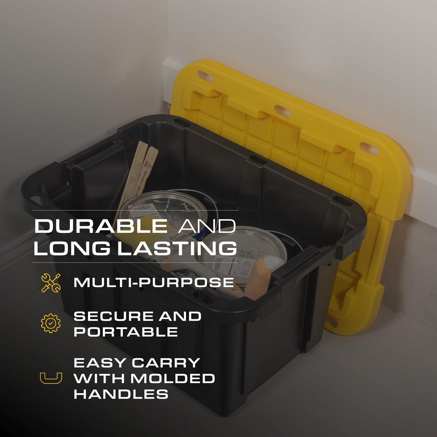 CX BLACK & YELLOW 12-Gallon Heavy Duty Storage Bins with Lids Stackable Plastic 4 PacK