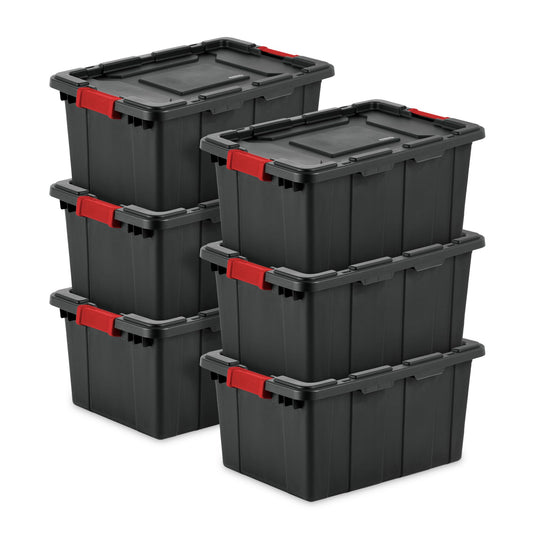 Sterilite 6-Pack Industrial Tote Plastic Storage Bins with Lids, 15 Gallon Black