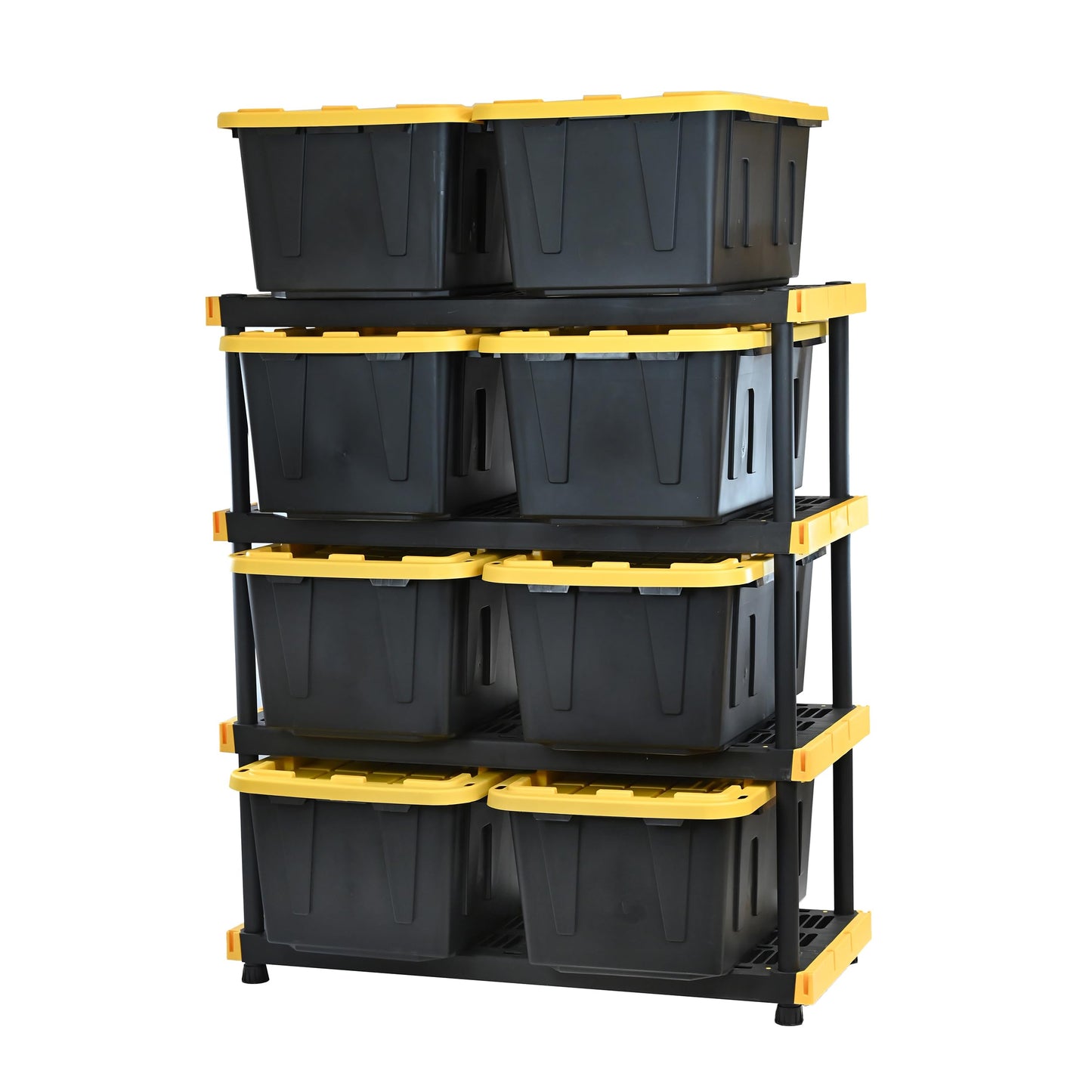 CX Black & Yellow 4-Tier Heavy Duty Storage Shelves and 8 Heavy Duty Storage Bins with Lids