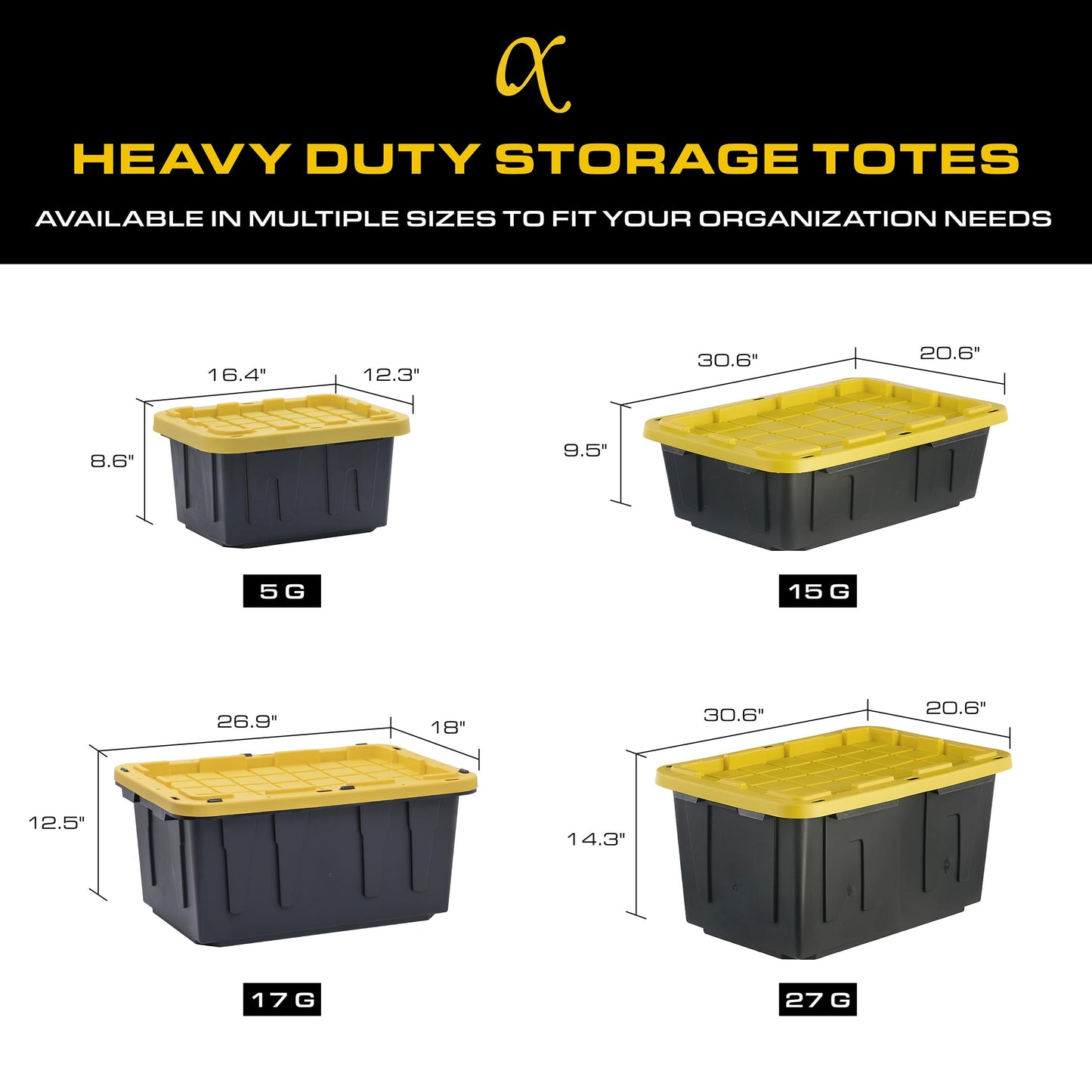 CX BLACK & YELLOW 12-Gallon Heavy Duty Storage Bins with Lids Stackable Plastic 4 PacK