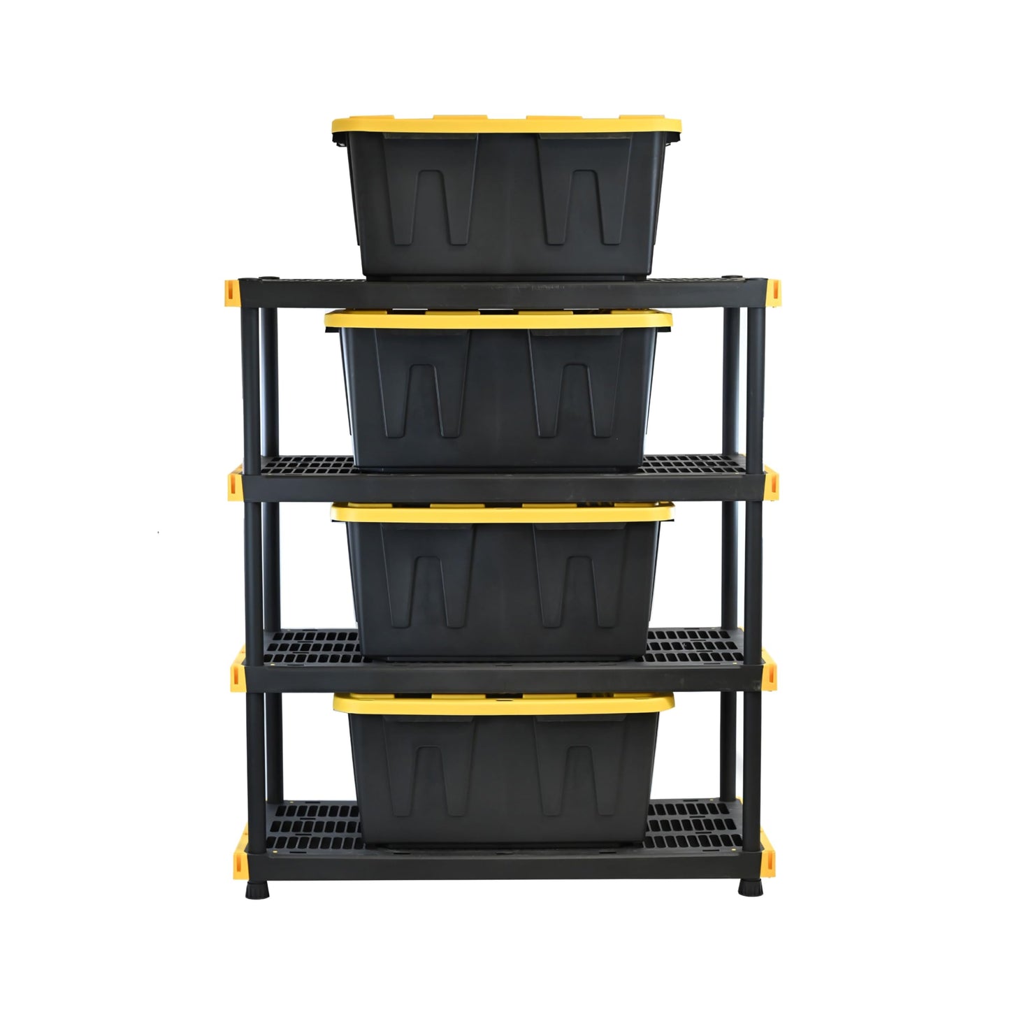 CX Black & Yellow 4-Tier Heavy Duty Storage Shelves and 8 Heavy Duty Storage Bins with Lids