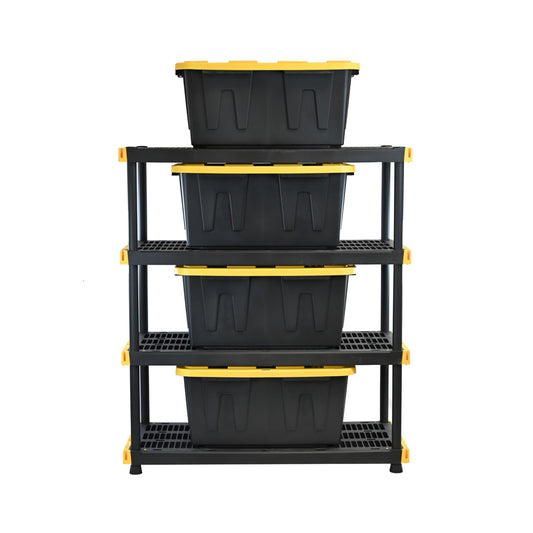 CX Black & Yellow 4-Tier Heavy Duty Storage Shelves and 8 Heavy Duty Storage Bins with Lids