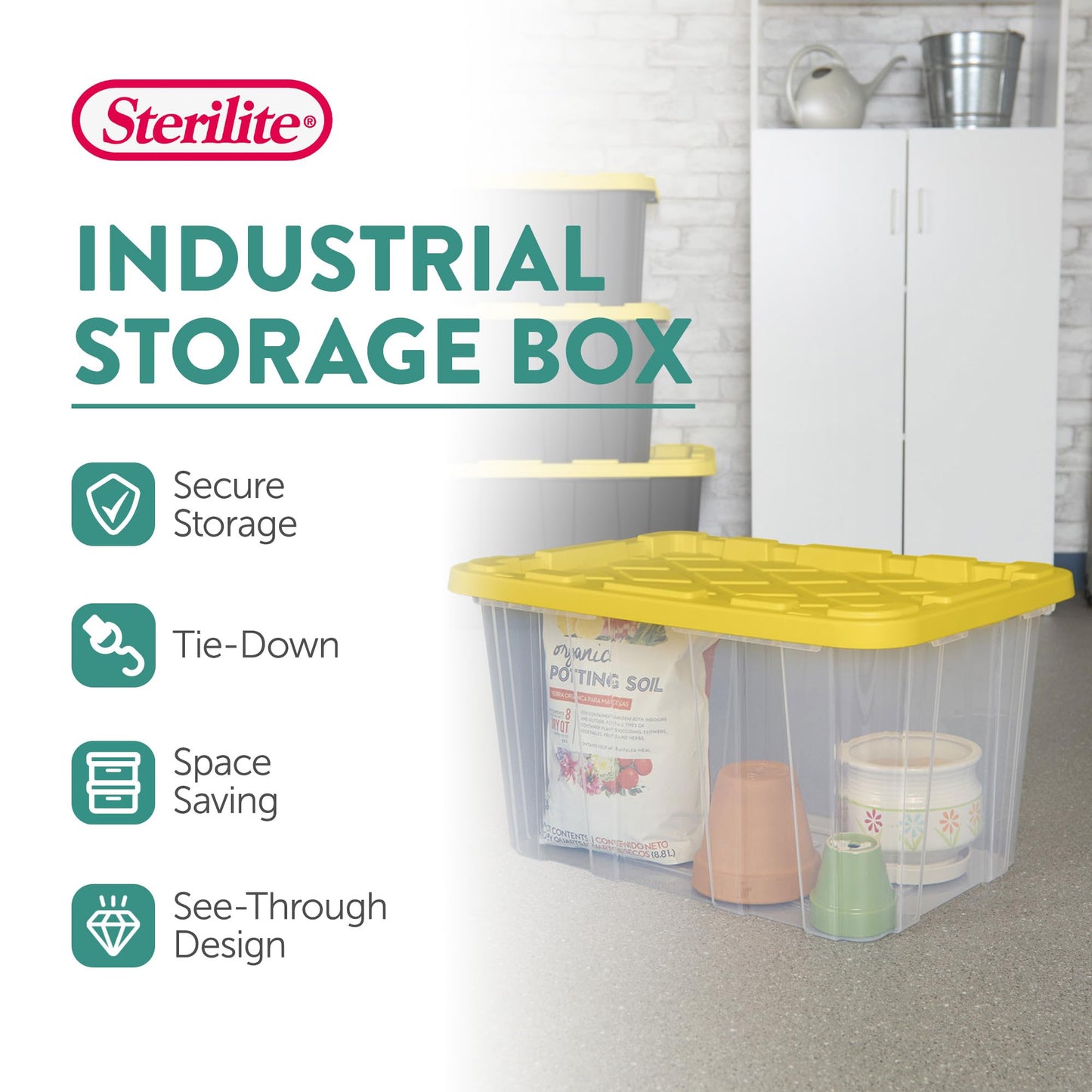 Sterilite 12-Pack Industrial Tote Plastic Storage Container Bins with Lids, 17 Gallon