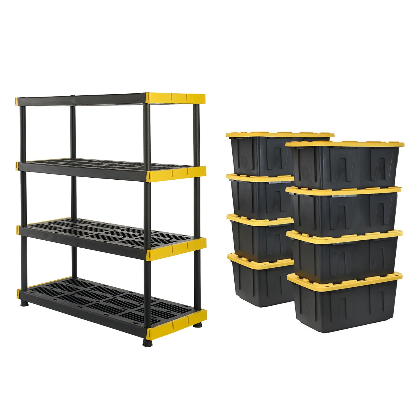 CX Black & Yellow 4-Tier Heavy Duty Storage Shelves and 8 Heavy Duty Storage Bins with Lids