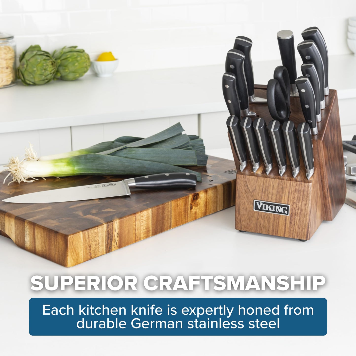 Viking 17 Piece Kitchen Knife Set with Light Walnut Block