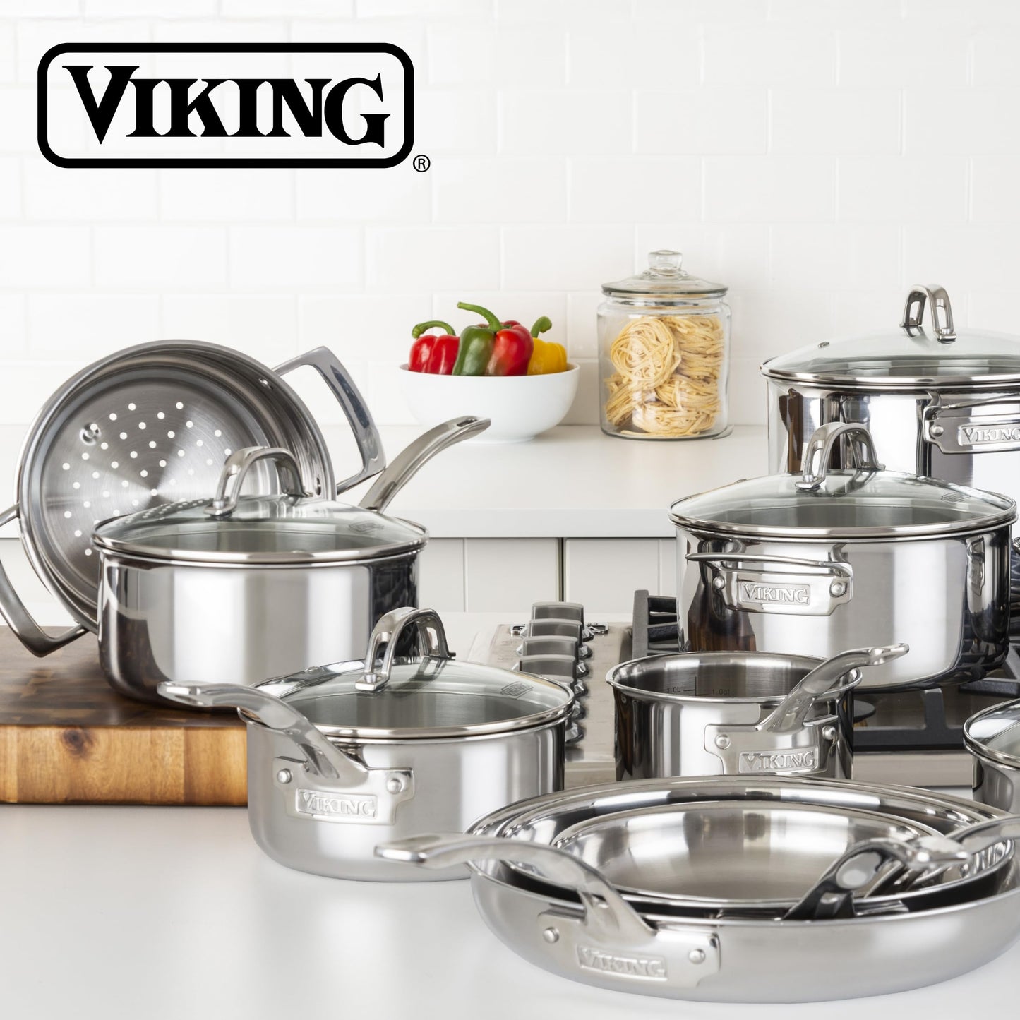 Viking 3-Ply Pots and Pans Set 13 Piece Stainless Steel Cookware Glass Lids