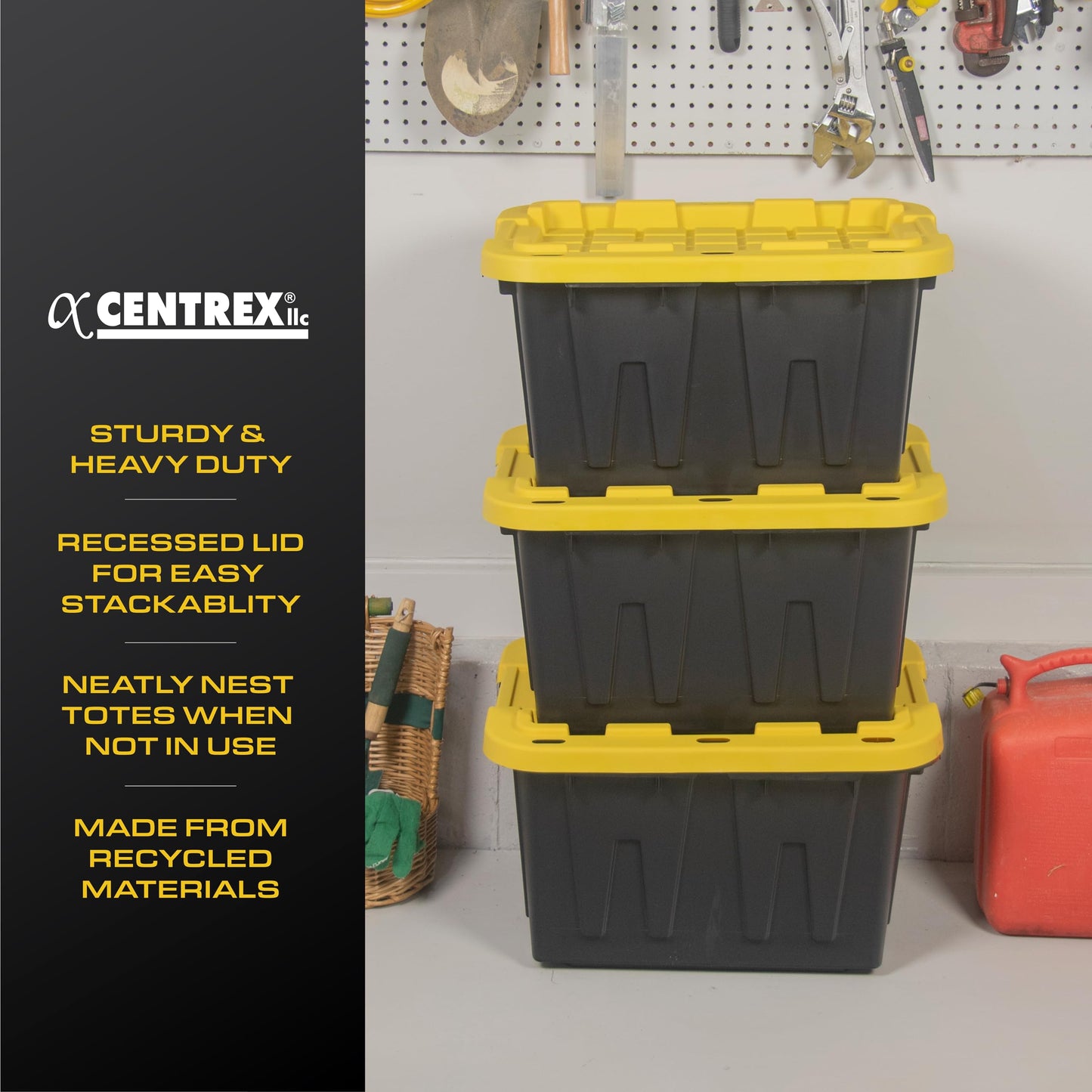 CX BLACK & YELLOW 12-Gallon Heavy Duty Storage Bins with Lids Stackable Plastic 4 PacK
