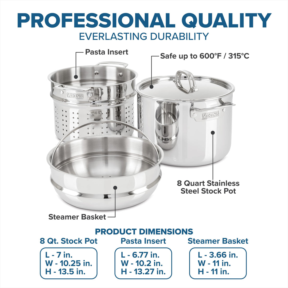 Viking 3-Ply Stainless Steel Pasta Pot with Lid, 8 Quart, 4 Piece Multipot Kitchen Cookware