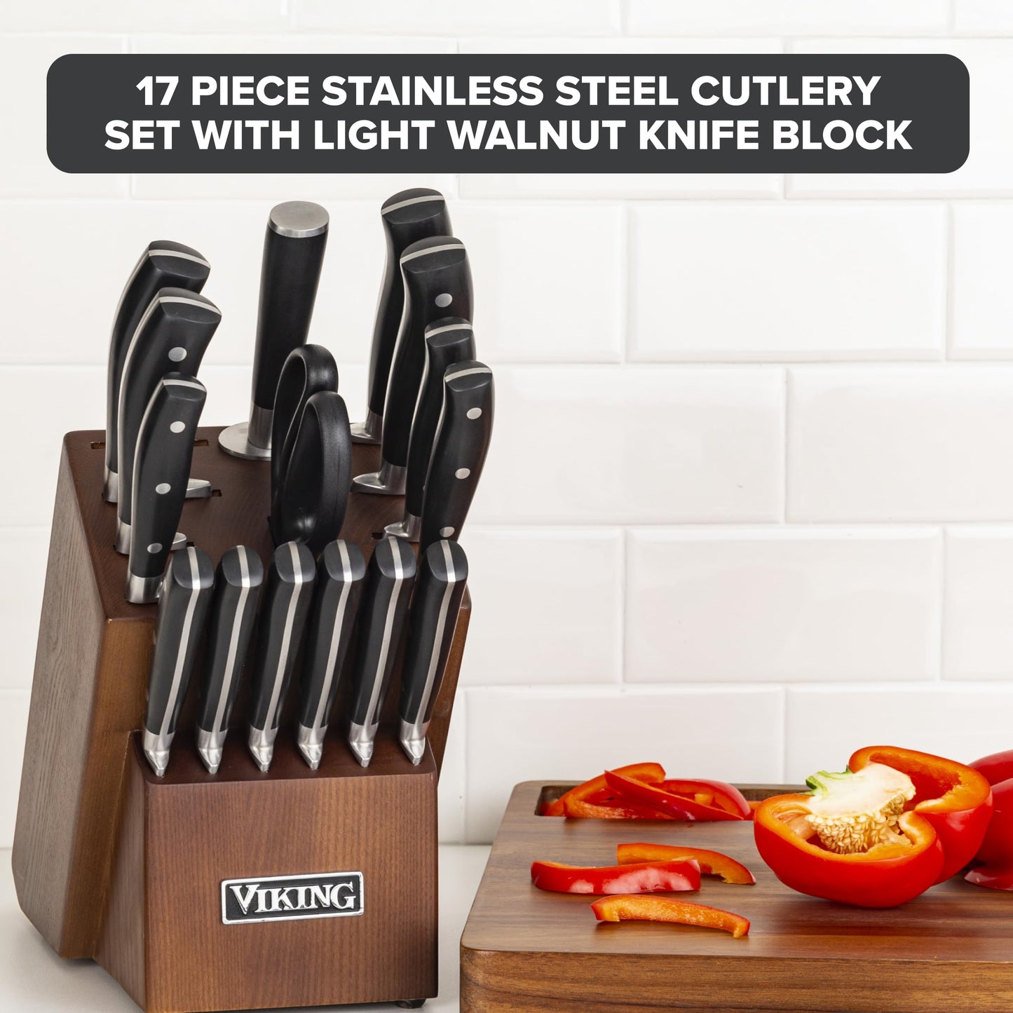 Viking 17 Piece Kitchen Knife Set with Light Walnut Block