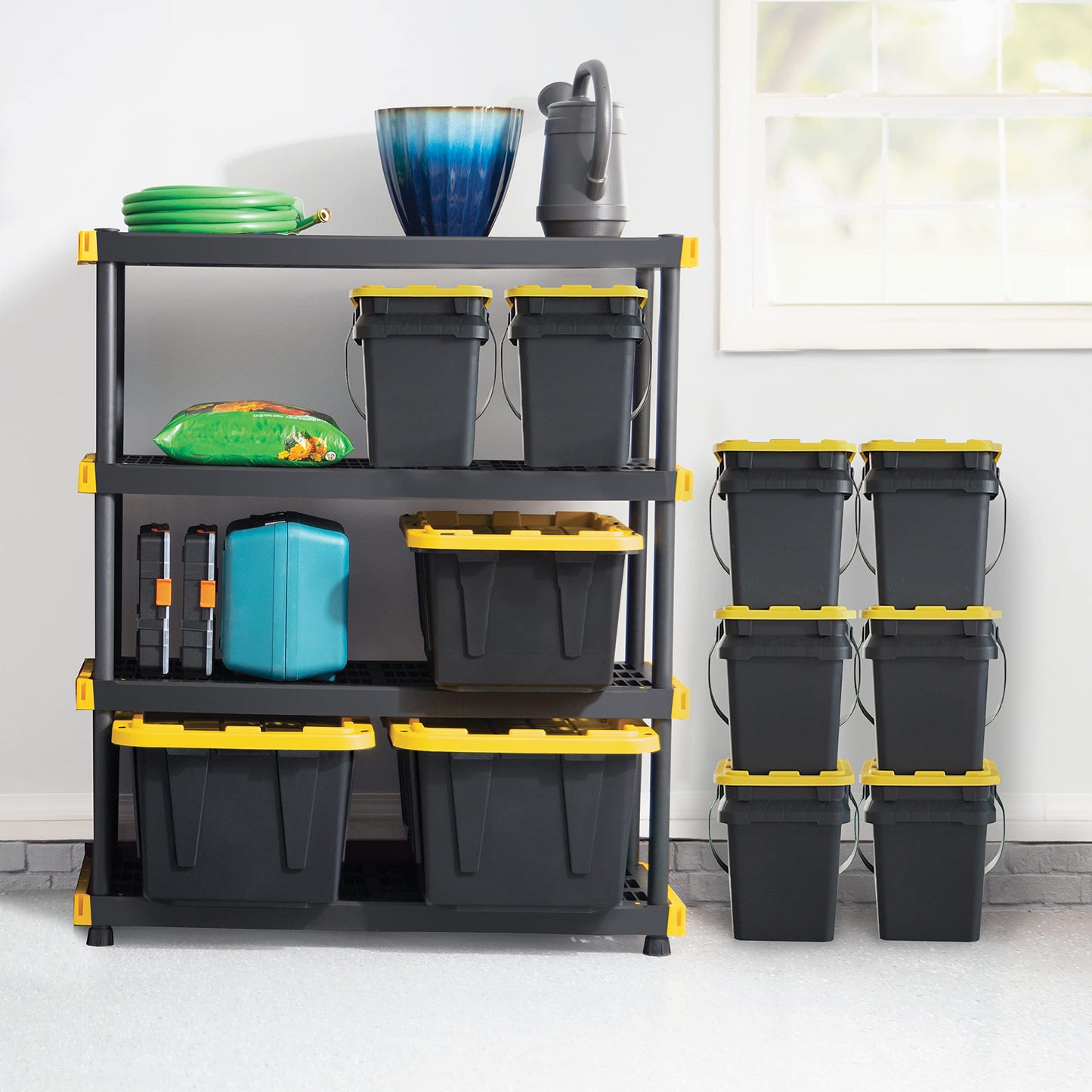 CX Black & Yellow 4-Tier Heavy Duty Storage Shelves and 8 Heavy Duty Storage Bins with Lids