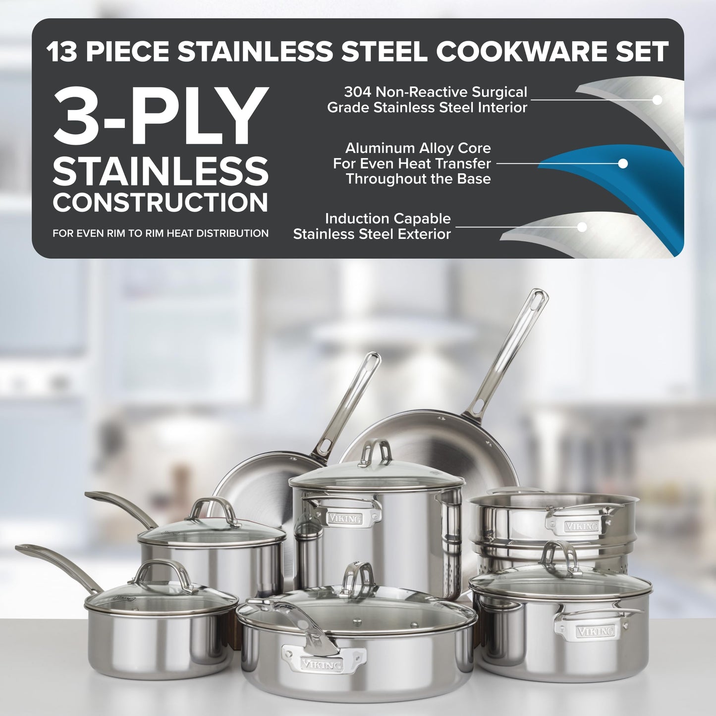 Viking 3-Ply Pots and Pans Set 13 Piece Stainless Steel Cookware Glass Lids