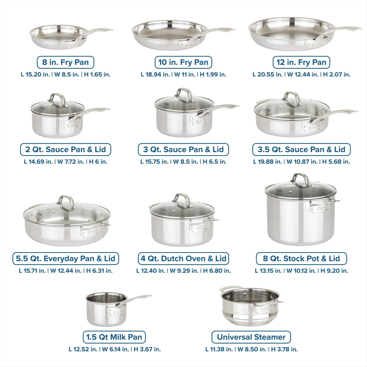Viking 3-Ply Pots and Pans Set 13 Piece Stainless Steel Cookware Glass Lids