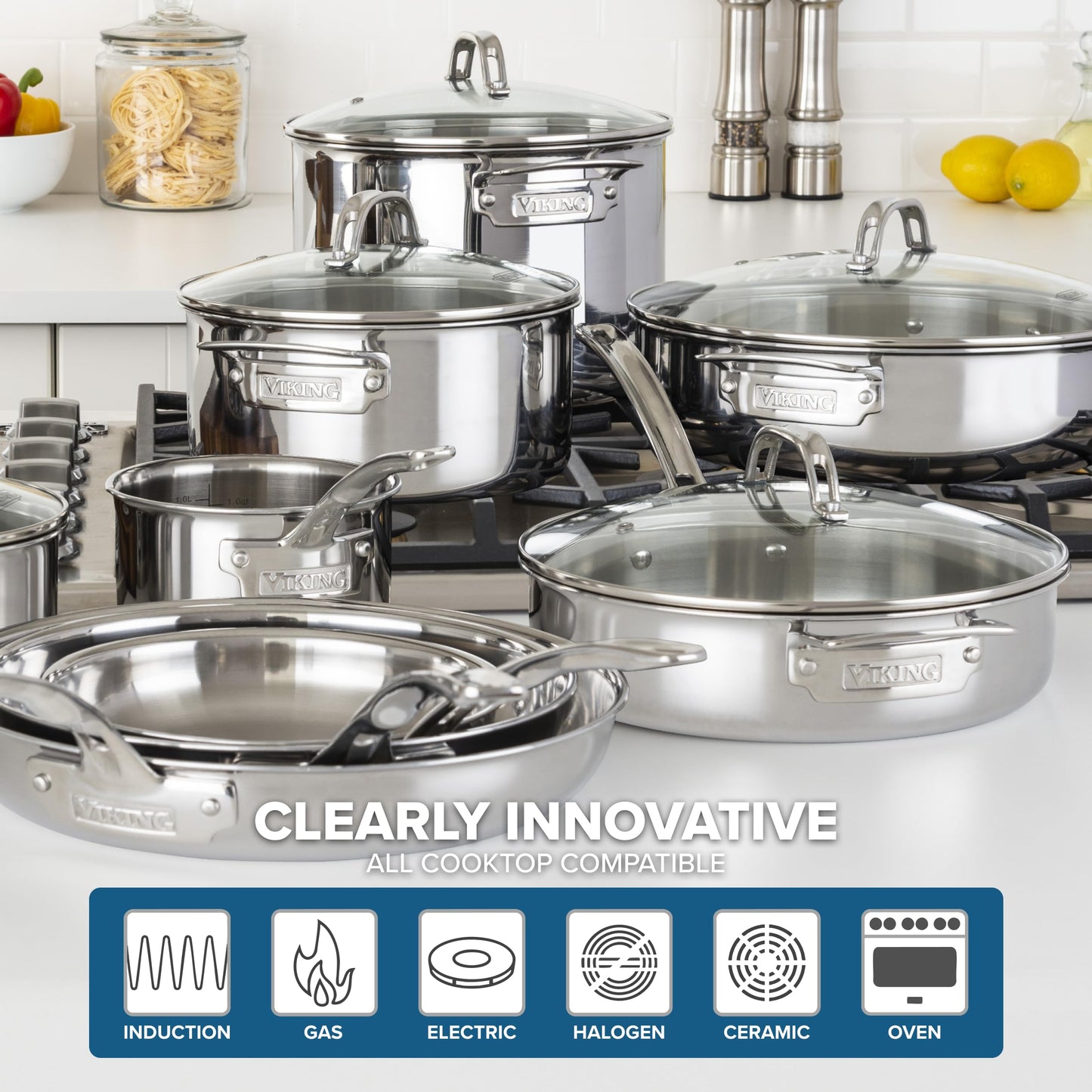 Viking 3-Ply Pots and Pans Set 13 Piece Stainless Steel Cookware Glass Lids