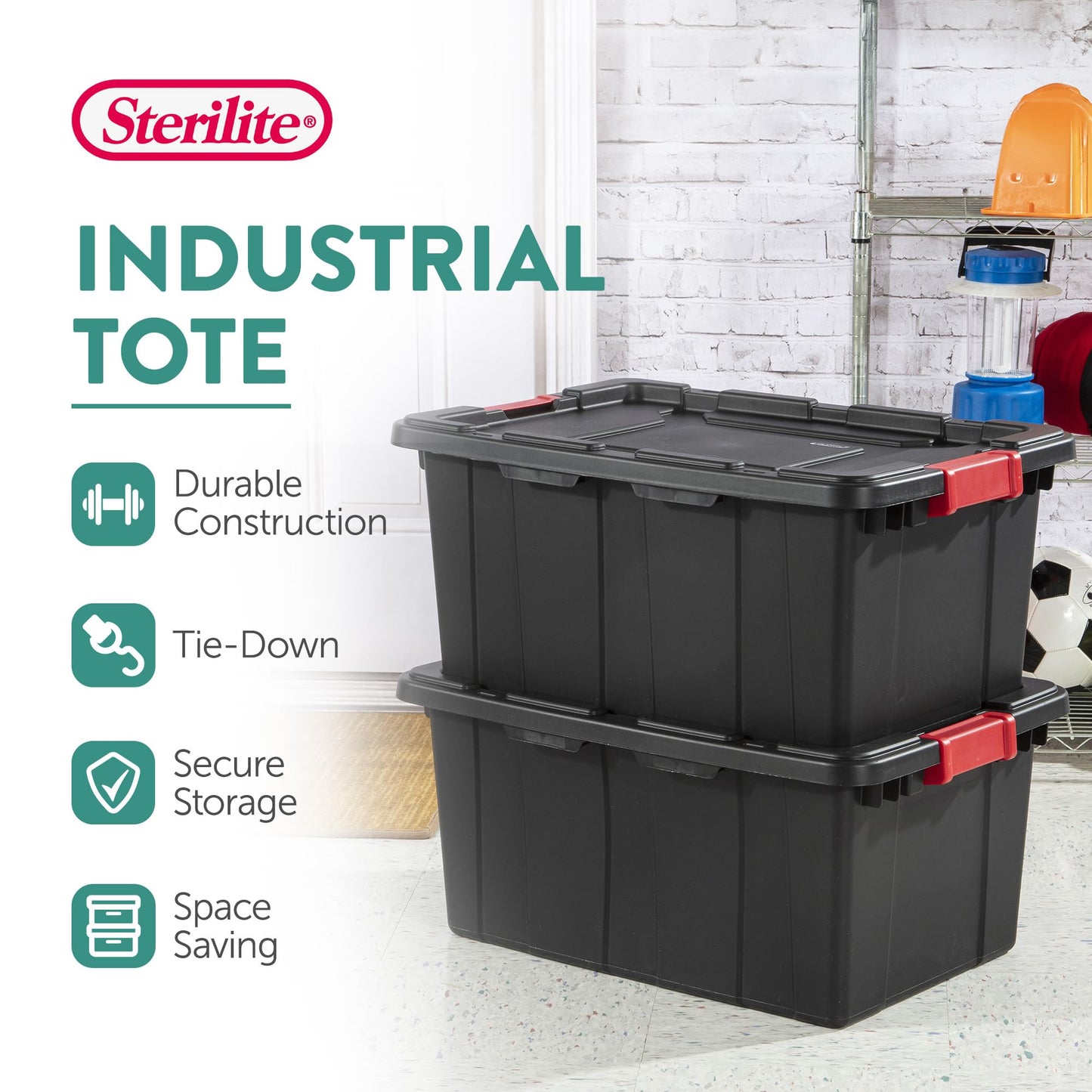 Sterilite 6-Pack Industrial Tote Plastic Storage Bins with Lids, 15 Gallon Black