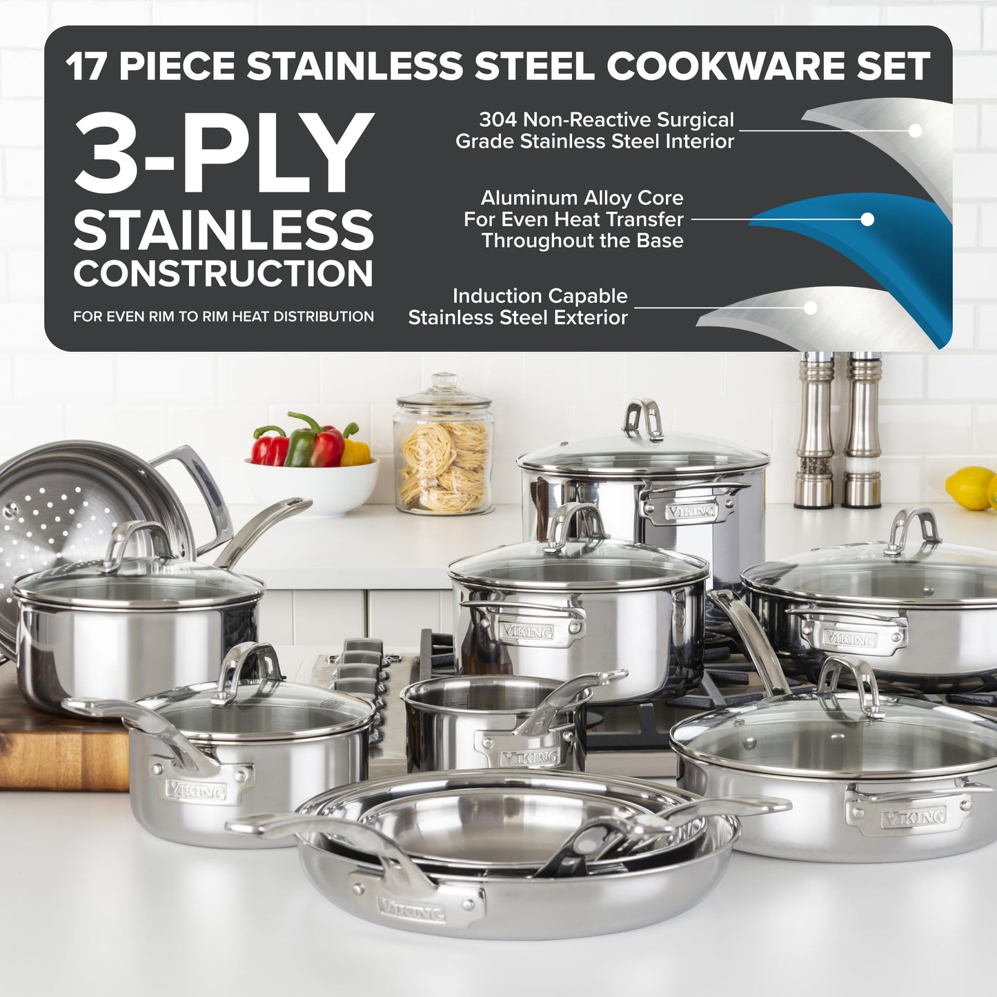 Viking 3-Ply Pots and Pans Set 13 Piece Stainless Steel Cookware Glass Lids