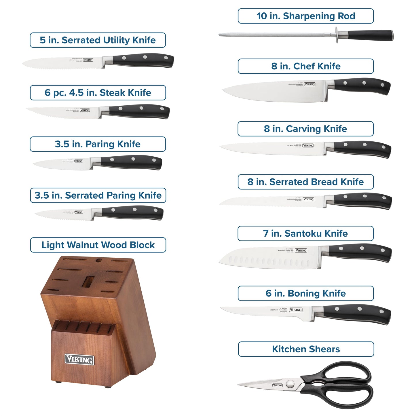 Viking 17 Piece Kitchen Knife Set with Light Walnut Block