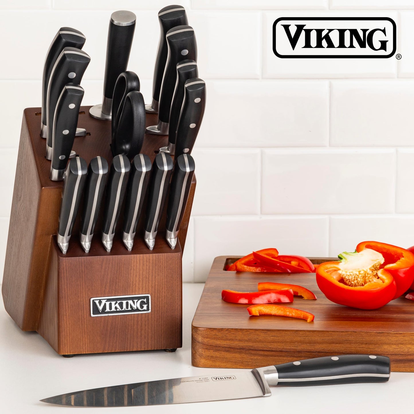 Viking 17 Piece Kitchen Knife Set with Light Walnut Block