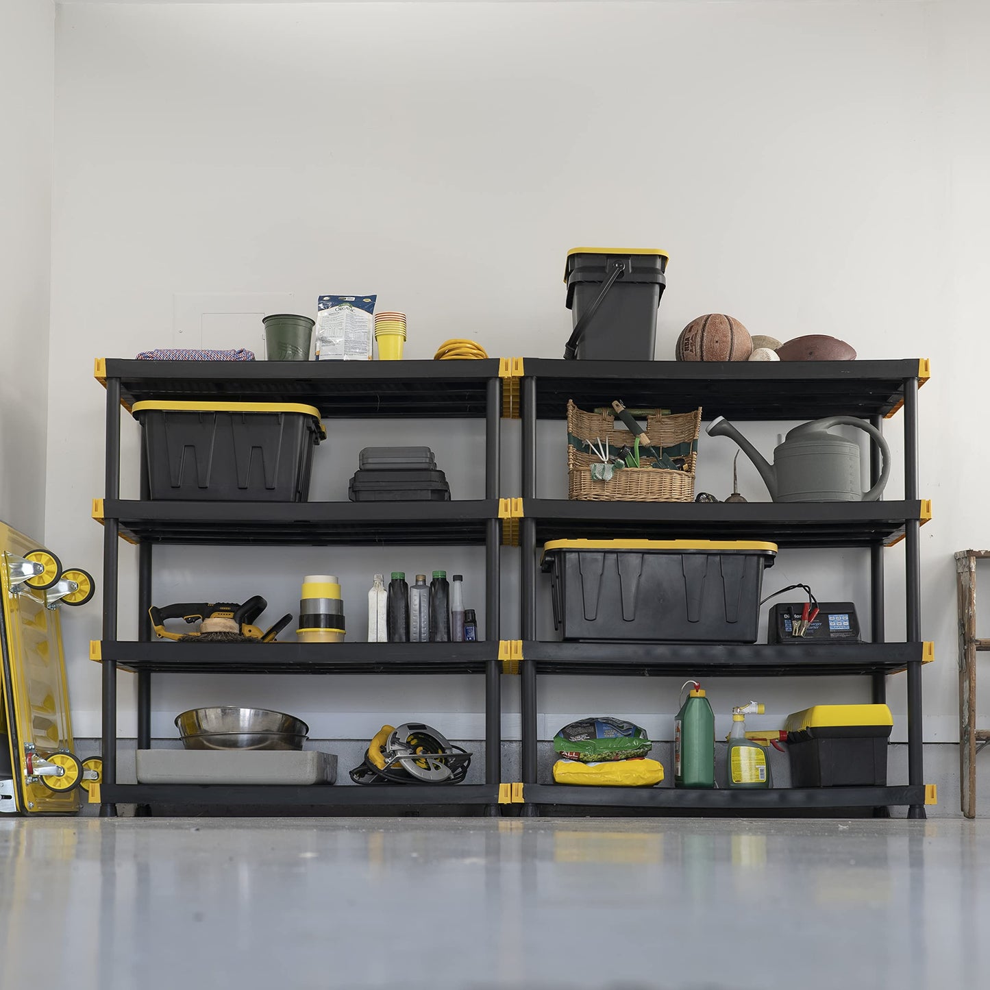 CX Black & Yellow 4-Tier Heavy Duty Storage Shelves and 8 Heavy Duty Storage Bins with Lids