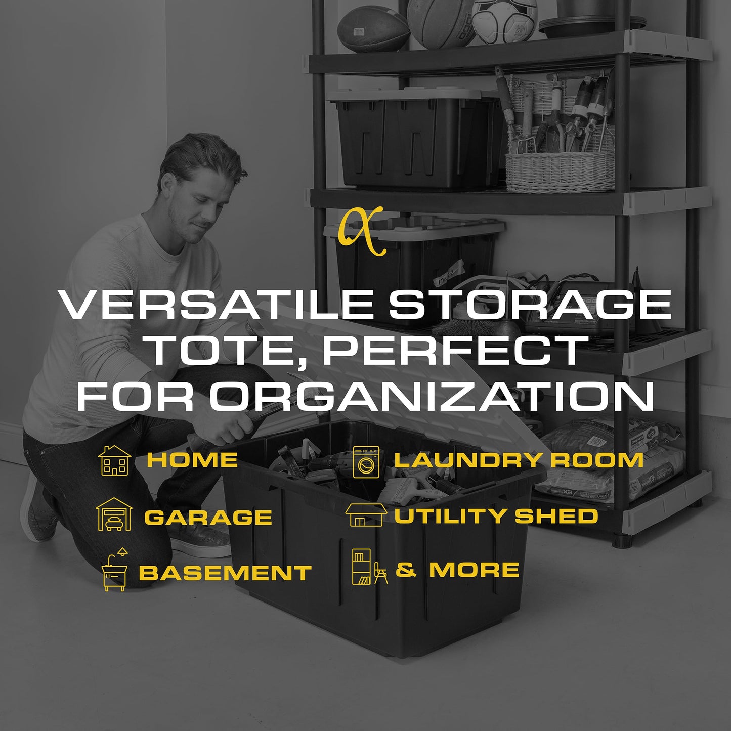 CX BLACK & YELLOW 12-Gallon Heavy Duty Storage Bins with Lids Stackable Plastic 4 PacK