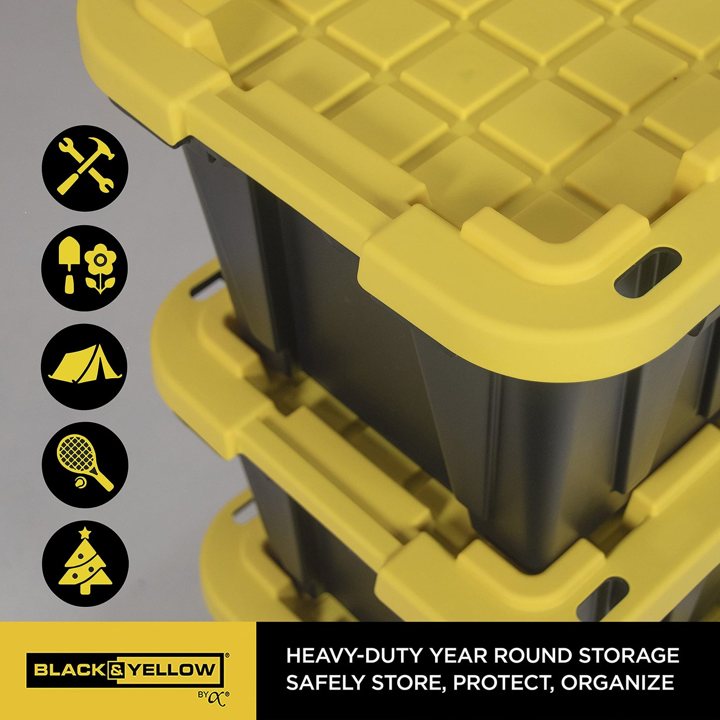 CX BLACK & YELLOW 12-Gallon Heavy Duty Storage Bins with Lids Stackable Plastic 4 PacK