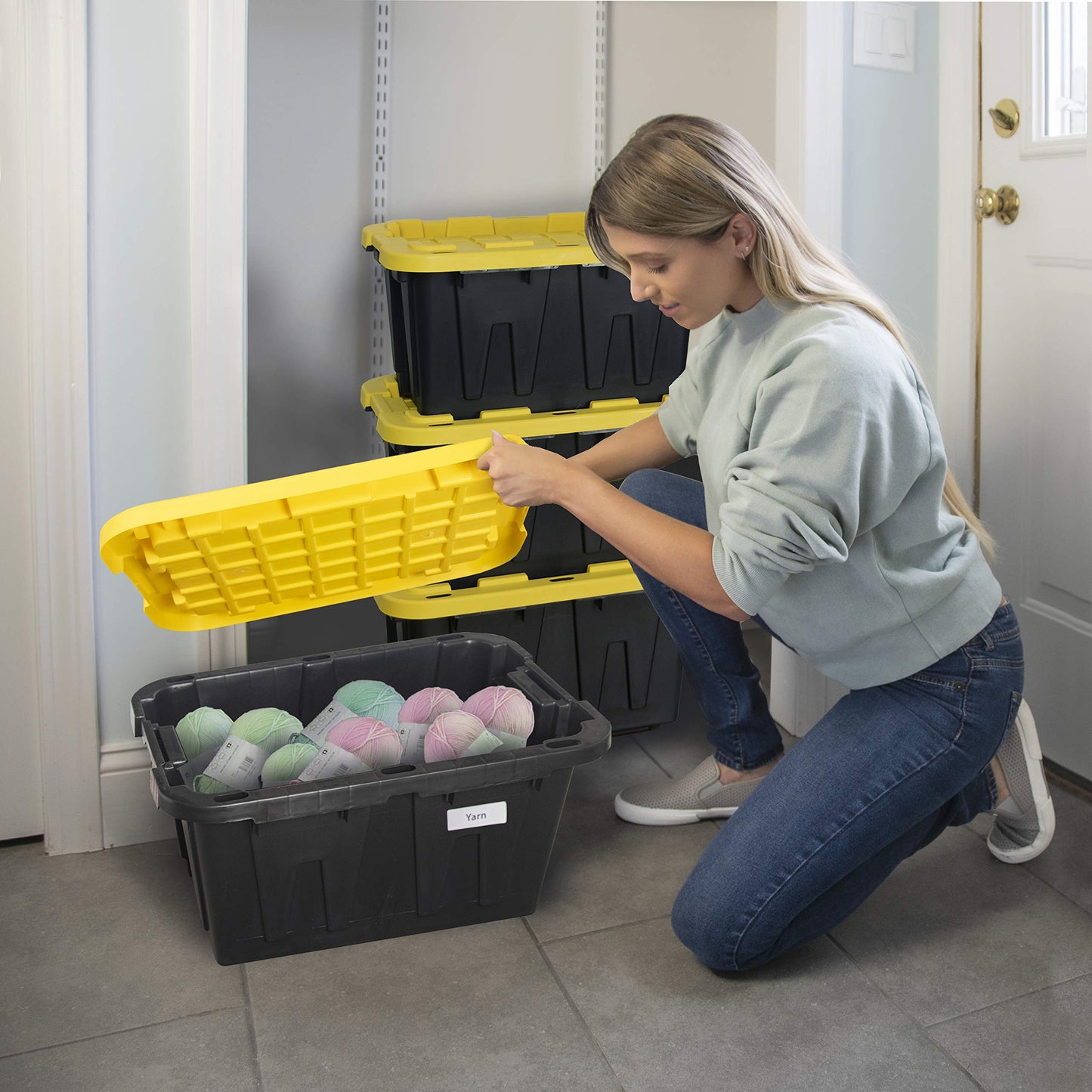 CX BLACK & YELLOW 12-Gallon Heavy Duty Storage Bins with Lids Stackable Plastic 4 PacK