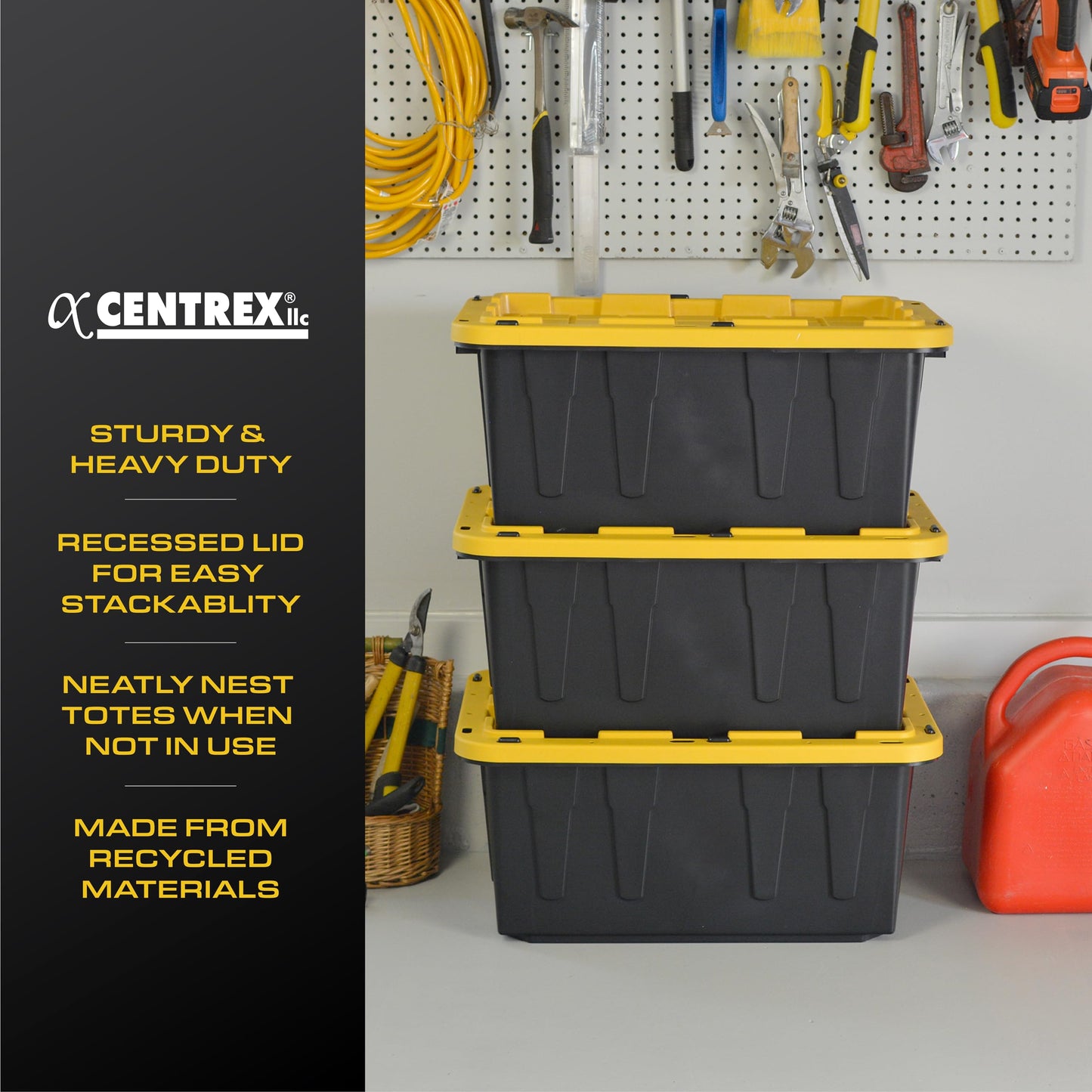 CX BLACK & YELLOW 12-Gallon Heavy Duty Storage Bins with Lids Stackable Plastic 4 PacK
