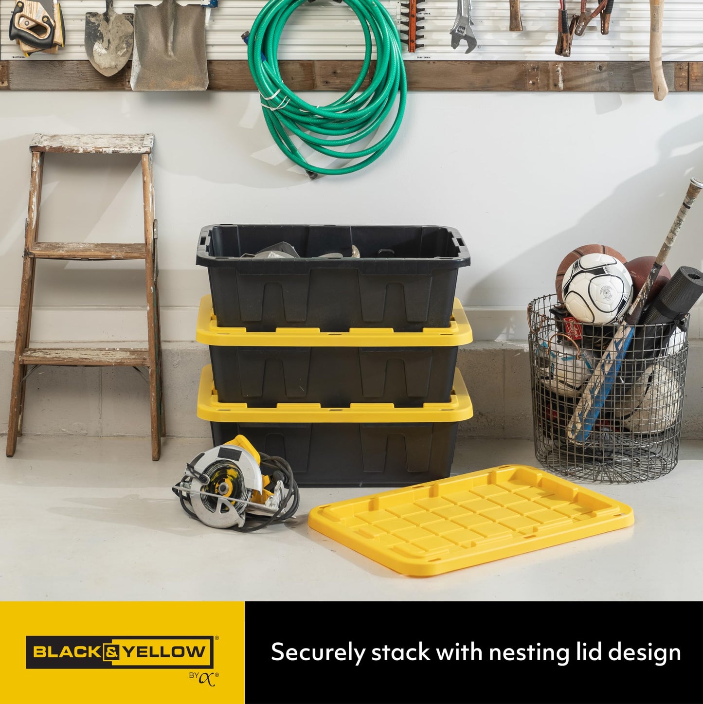 CX BLACK & YELLOW 12-Gallon Heavy Duty Storage Bins with Lids Stackable Plastic 4 PacK