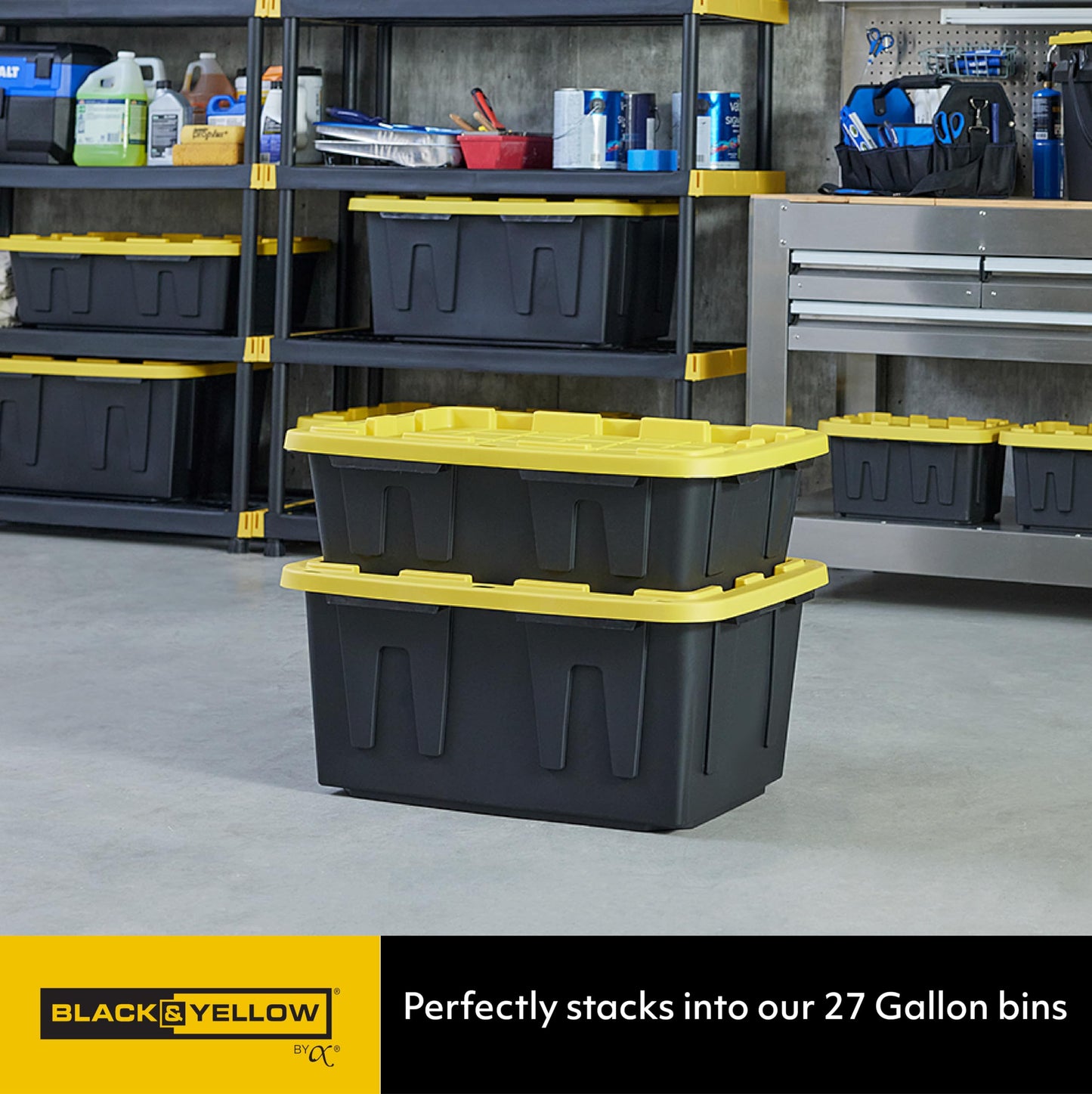 CX BLACK & YELLOW 12-Gallon Heavy Duty Storage Bins with Lids Stackable Plastic 4 PacK