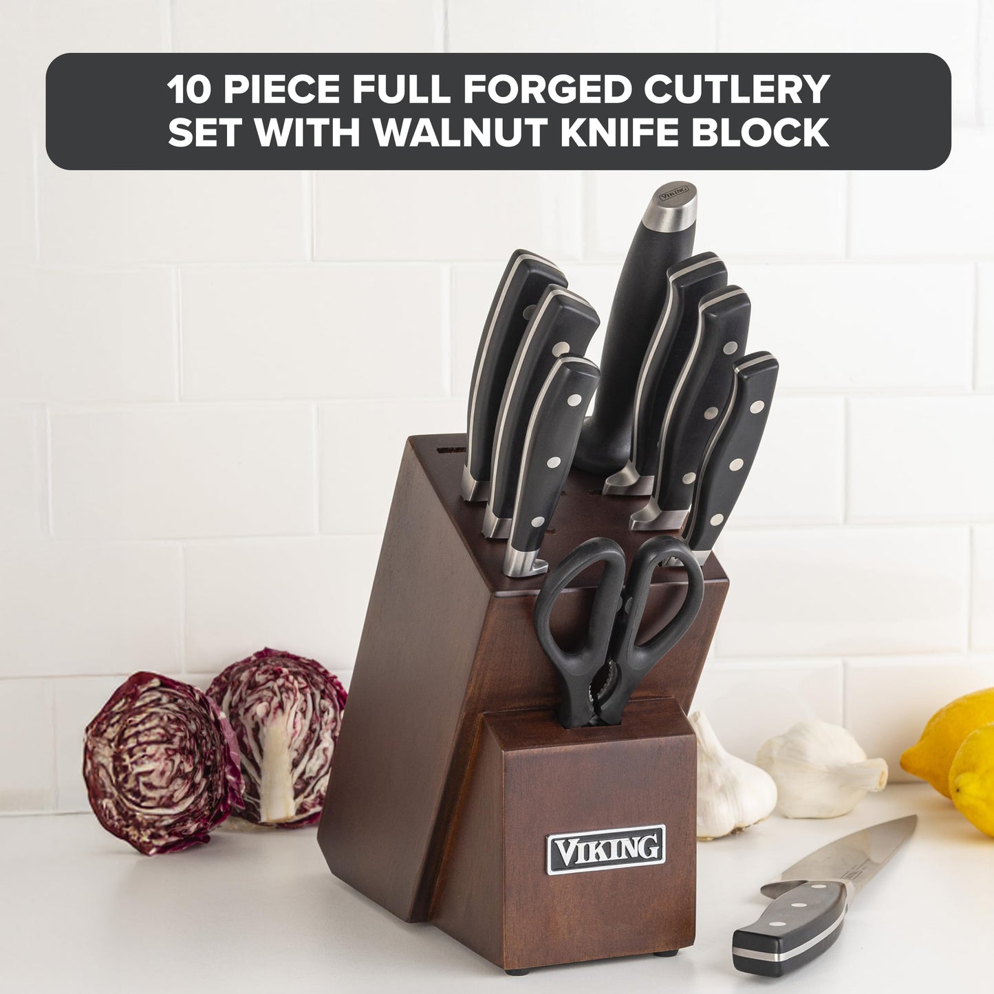 Viking 17 Piece Kitchen Knife Set with Light Walnut Block