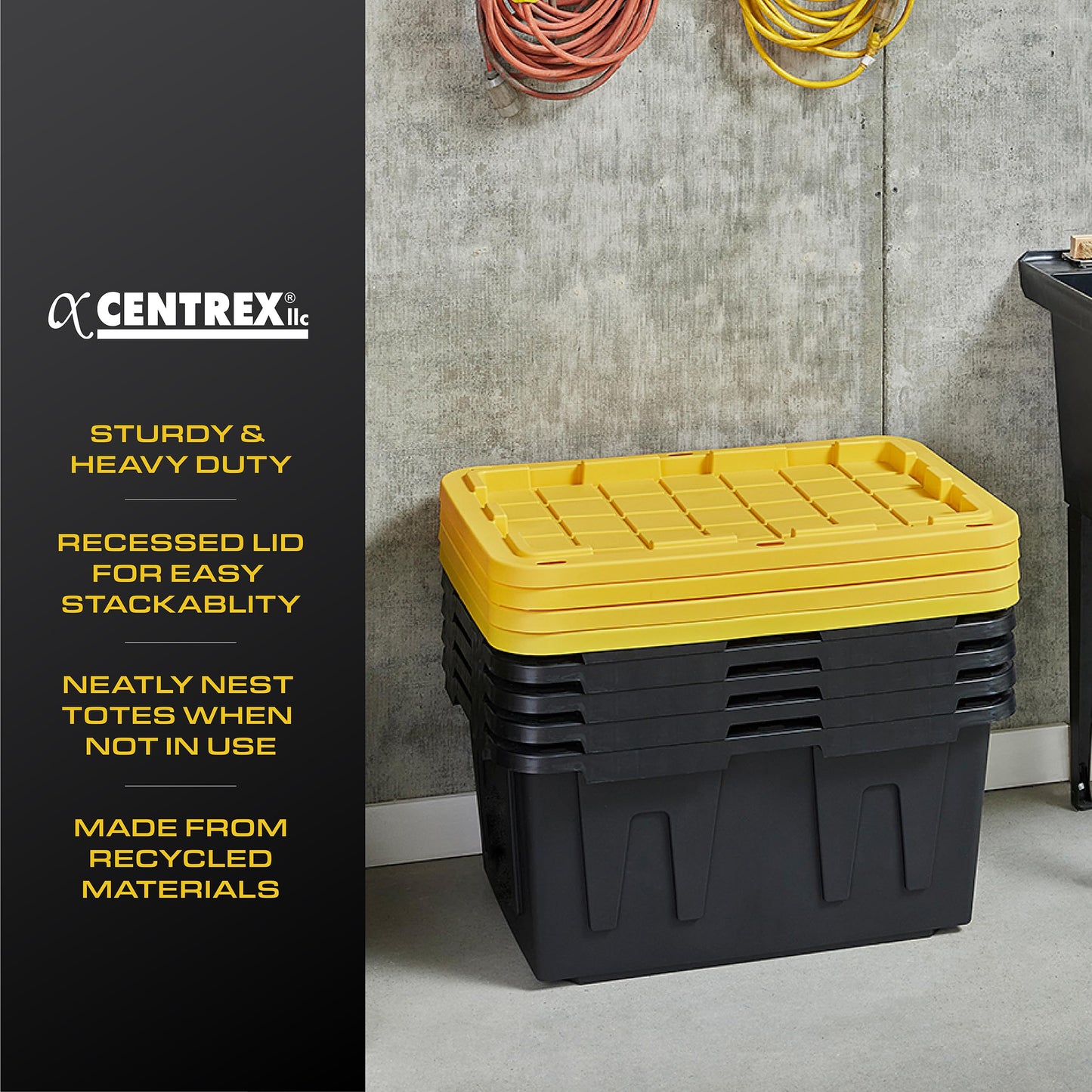 CX BLACK & YELLOW 12-Gallon Heavy Duty Storage Bins with Lids Stackable Plastic 4 PacK